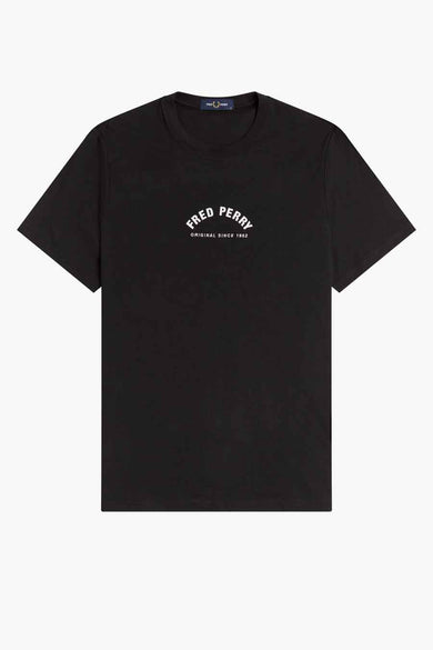 Black short-sleeve t-shirt by Fred Perry with white arched logo and "Original Since 1952" text on chest, front view