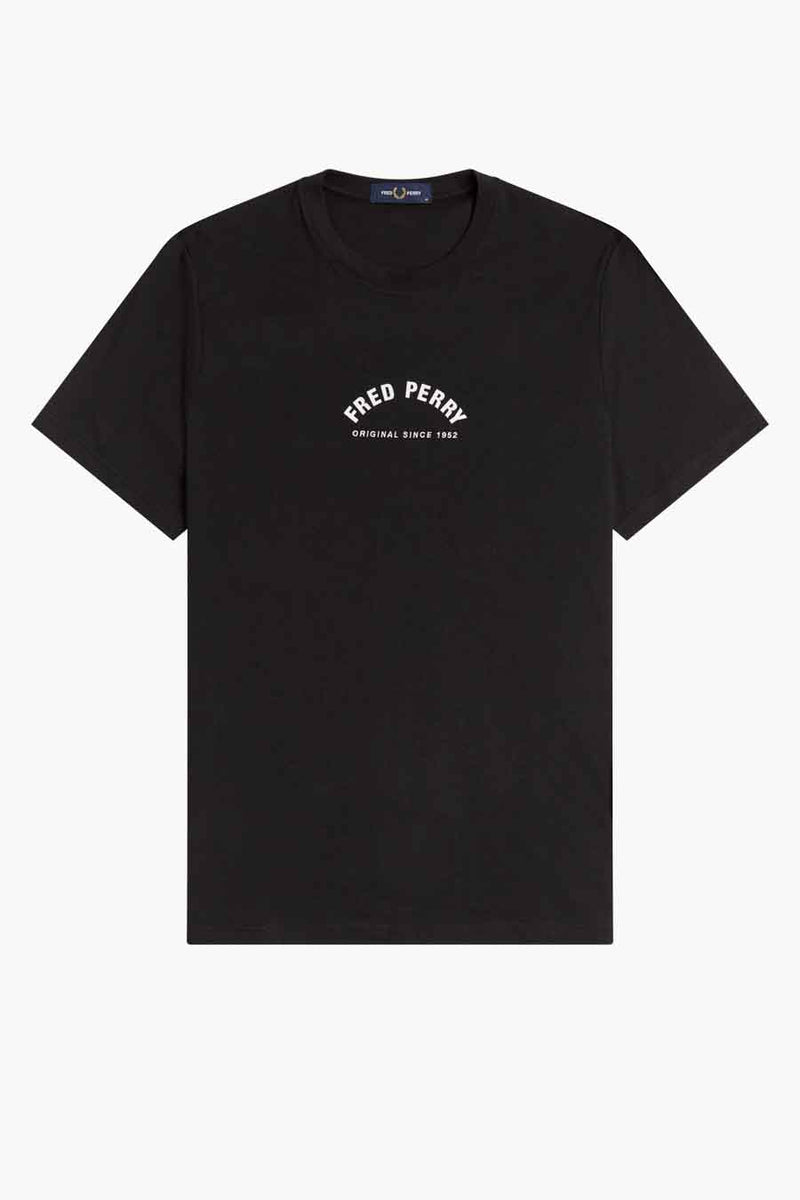 Black short-sleeve t-shirt by Fred Perry with white arched logo and "Original Since 1952" text on chest, front view