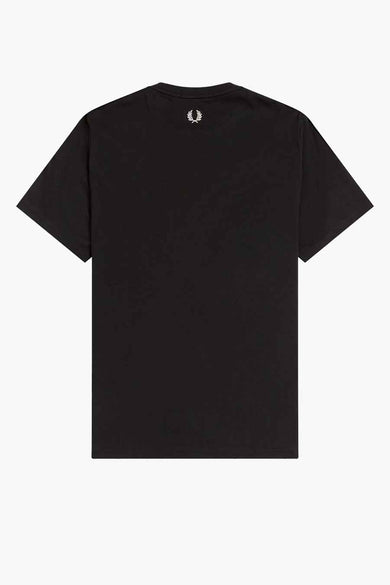 Black short-sleeve t-shirt with small white laurel wreath logo at back neckline, back view