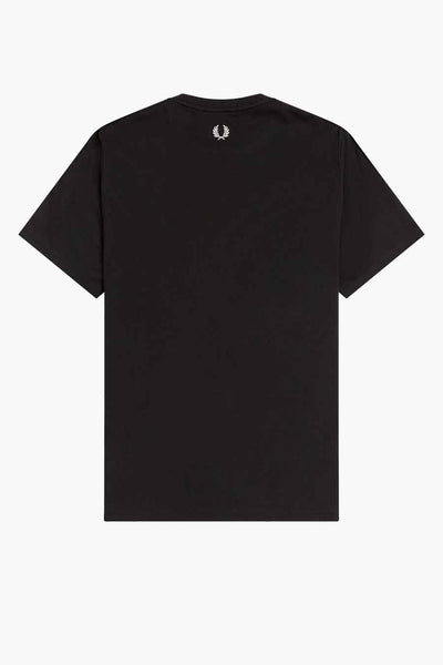 Black short-sleeve t-shirt with small white laurel wreath logo at back neckline, back view