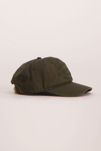 Olive green baseball cap with tonal embroidered logo, side view, structured crown and curved brim