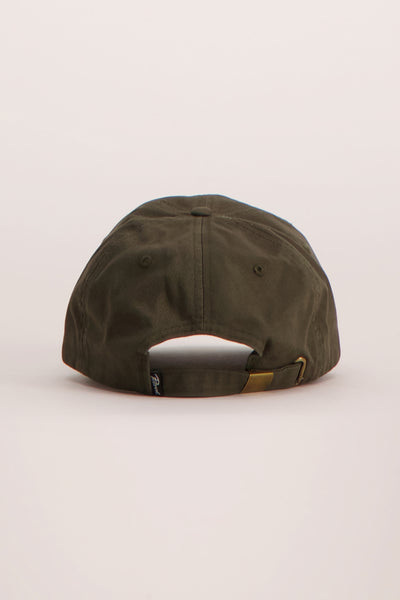 Olive green baseball cap by Flexfit, back view with adjustable brass buckle and woven label.