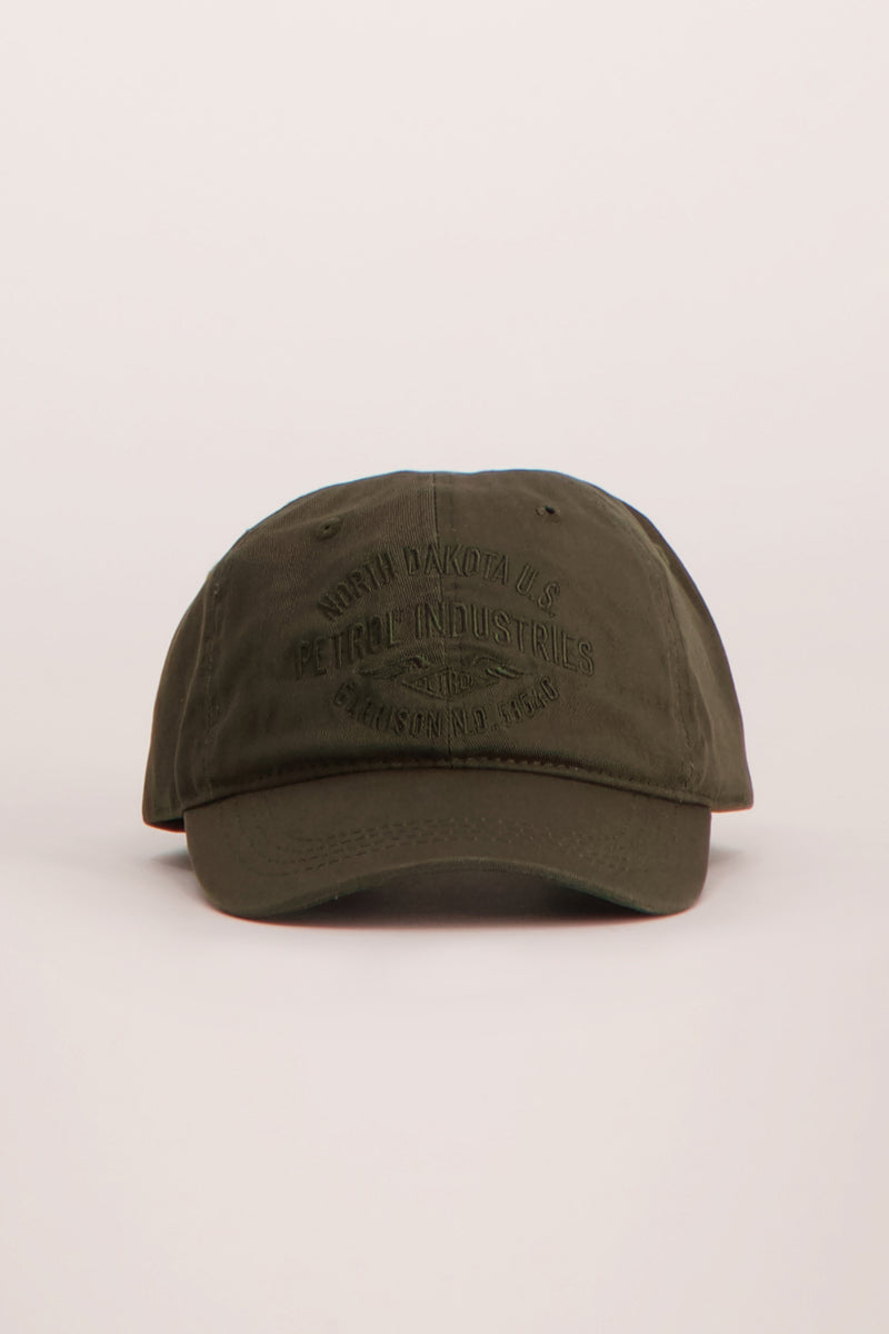 Olive green baseball cap with embroidered vintage-style logo, front view, textured cotton fabric