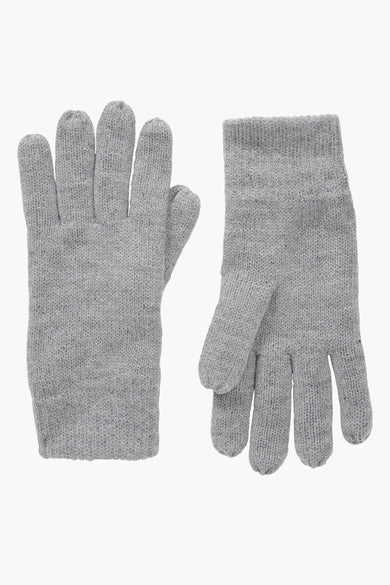 Grey knitted gloves with ribbed texture shown front and back view, plain design, soft material, simple style