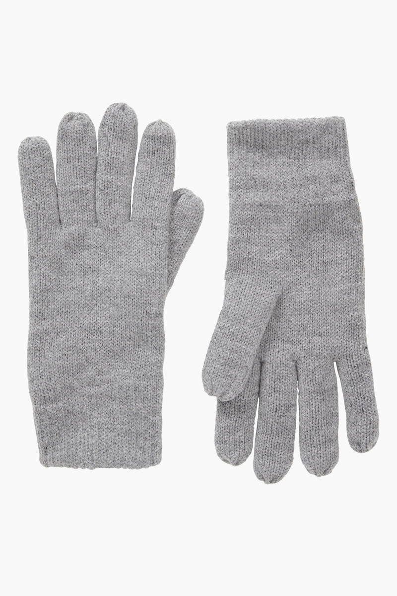 Grey knitted gloves with ribbed texture shown front and back view, plain design, soft material, simple style