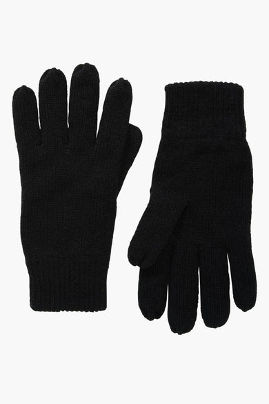 Black knitted gloves with ribbed cuffs, shown front and back view, plain texture, no brand visible