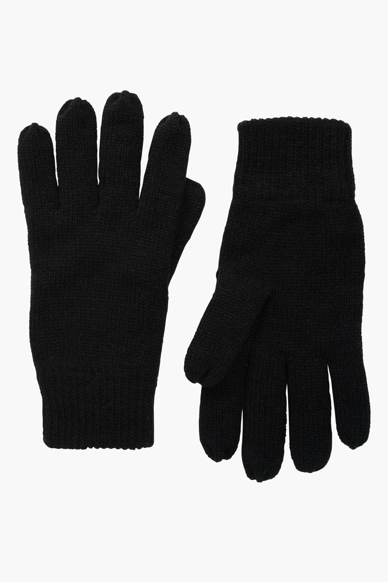 Black knitted gloves with ribbed cuffs, shown front and back view, plain texture, no brand visible
