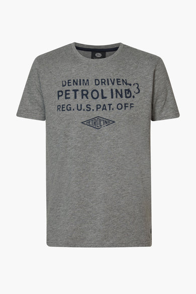 Grey heather short-sleeve t-shirt by Petrolind with bold navy text and diamond logo, front view