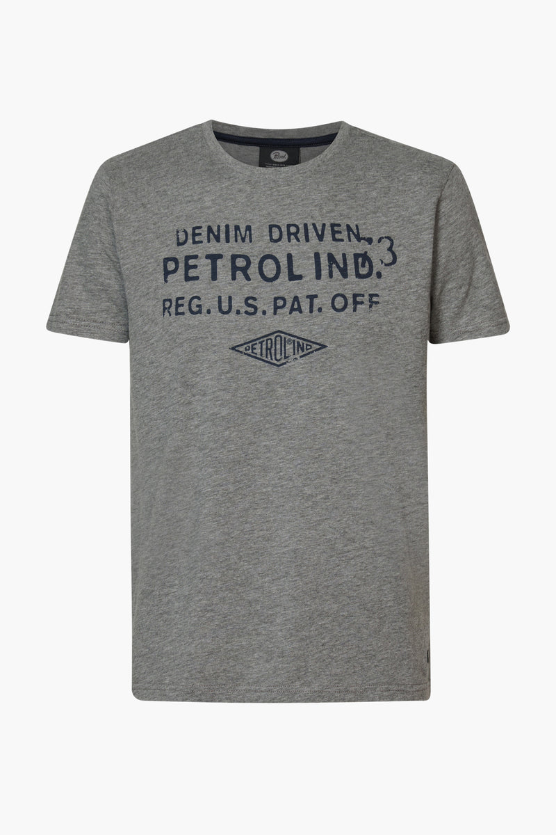 Grey heather short-sleeve t-shirt by Petrolind with bold navy text and diamond logo, front view