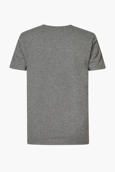 Grey heather short-sleeve t-shirt back view, plain design with ribbed crew neck and hem stitching