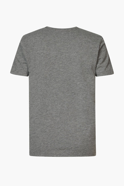Grey heather short-sleeve t-shirt back view, plain design with ribbed crew neck and hem stitching