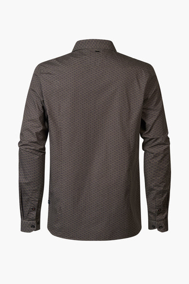 Chemise à manches longues beige de Petrol Industries, avec motif géométrique et manches boutonnées, vue de dos.