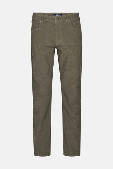 Pantalon en velours côtelé vert de Petrol Industries, avec poches et fermeture éclair.