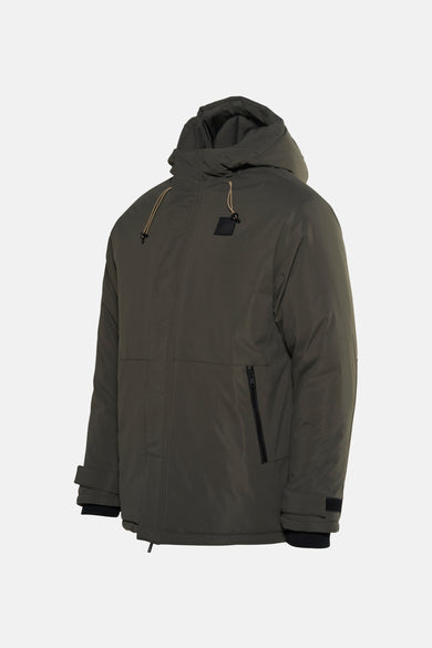 Manteau kaki par Petrol Industries®, avec capuche et fermeture éclair latérale.