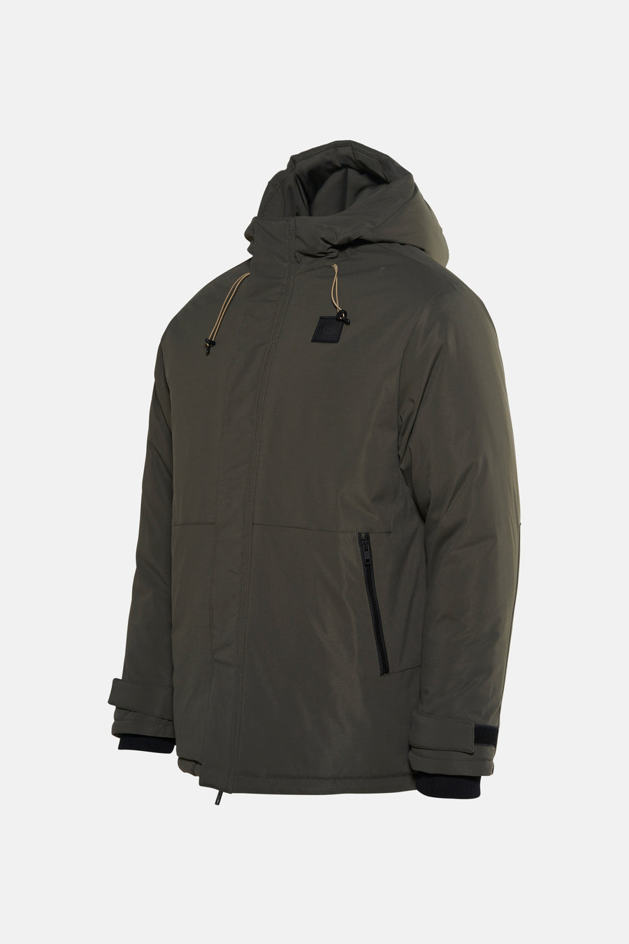 Manteau kaki par Petrol Industries®, avec capuche et fermeture éclair latérale.