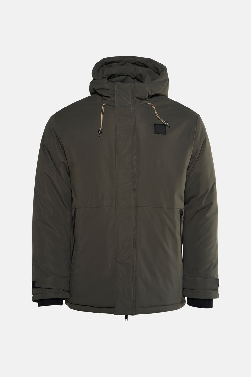 Manteau kaki de Petrol Industries®, à capuche et poches zippées sur les côtés.