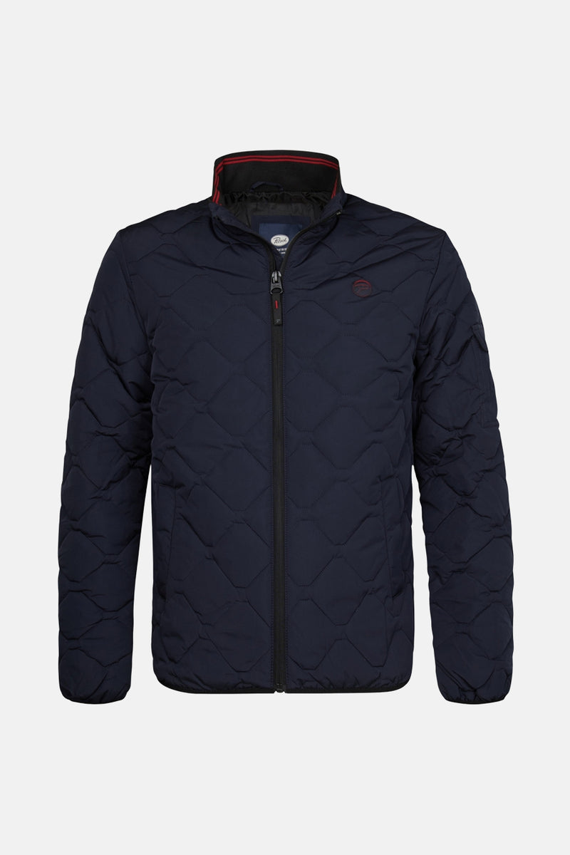 Veste courte bleue de Petrol Industries avec motif losange matelassé et fermeture éclair intégrale.