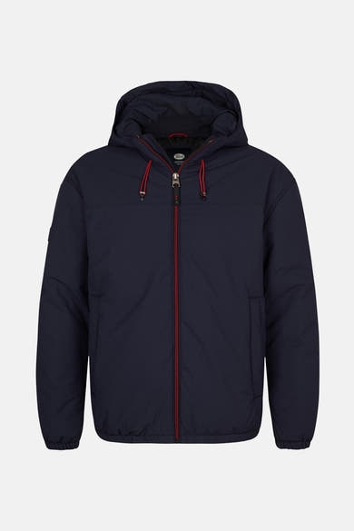 Veste courte bleue de Petrol Industries avec capuche et fermeture éclair rouge.