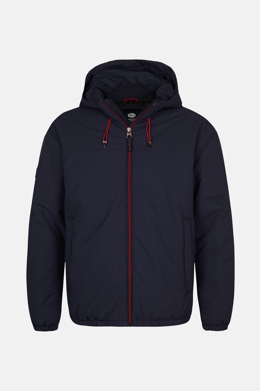 Veste courte bleue de Petrol Industries avec capuche et fermeture éclair rouge.