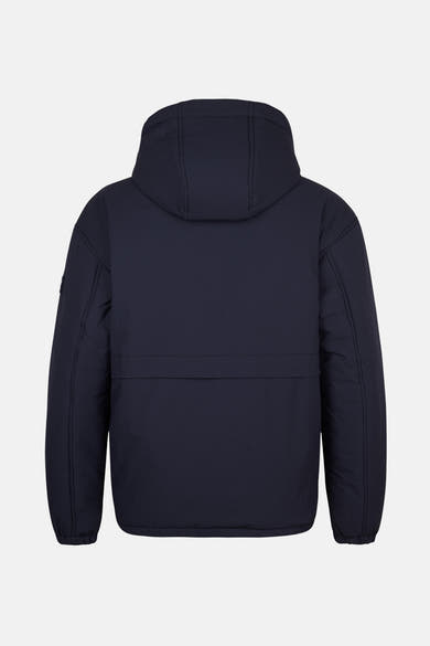 Veste courte bleue de Petrol Industries®, avec capuche et coupe droite, vue de dos.