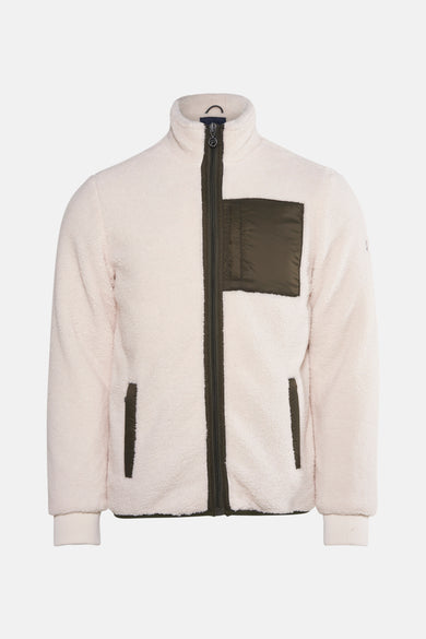 Veste courte en sherpa écru de Petrol Industries, avec fermeture éclair vert kaki et poche poitrine.