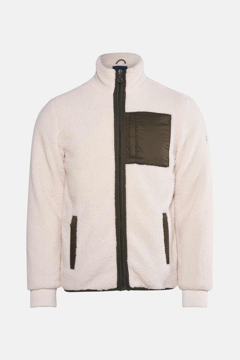 Veste courte en sherpa écru de Petrol Industries, avec fermeture éclair vert kaki et poche poitrine.