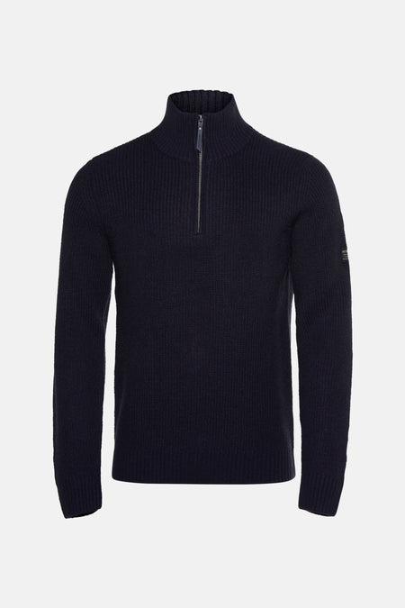 Pull bleu à col montant de Petrol Industries, avec une fermeture éclair partielle et une texture côtelée.
