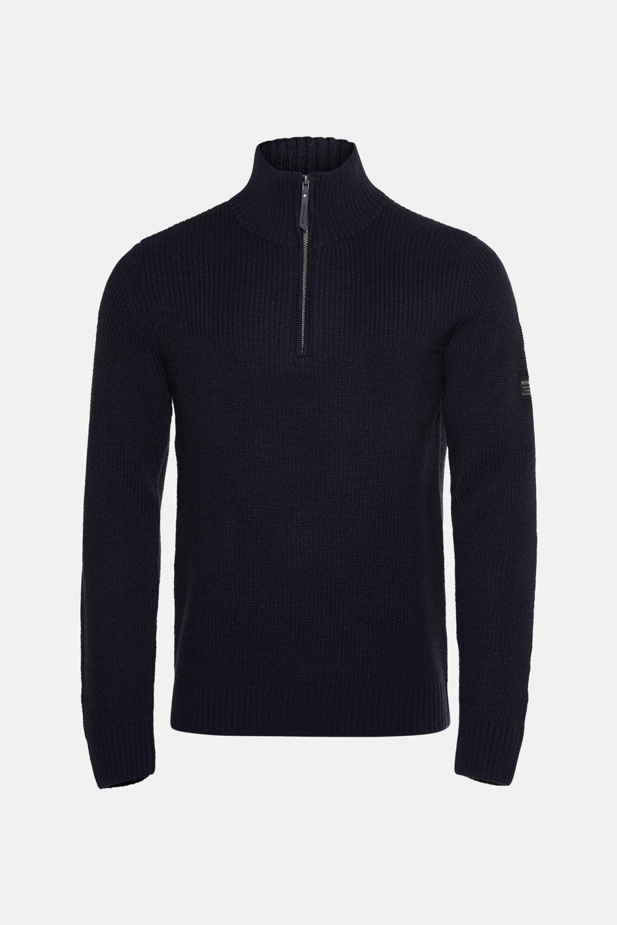 Pull bleu à col montant de Petrol Industries, avec une fermeture éclair partielle et une texture côtelée.