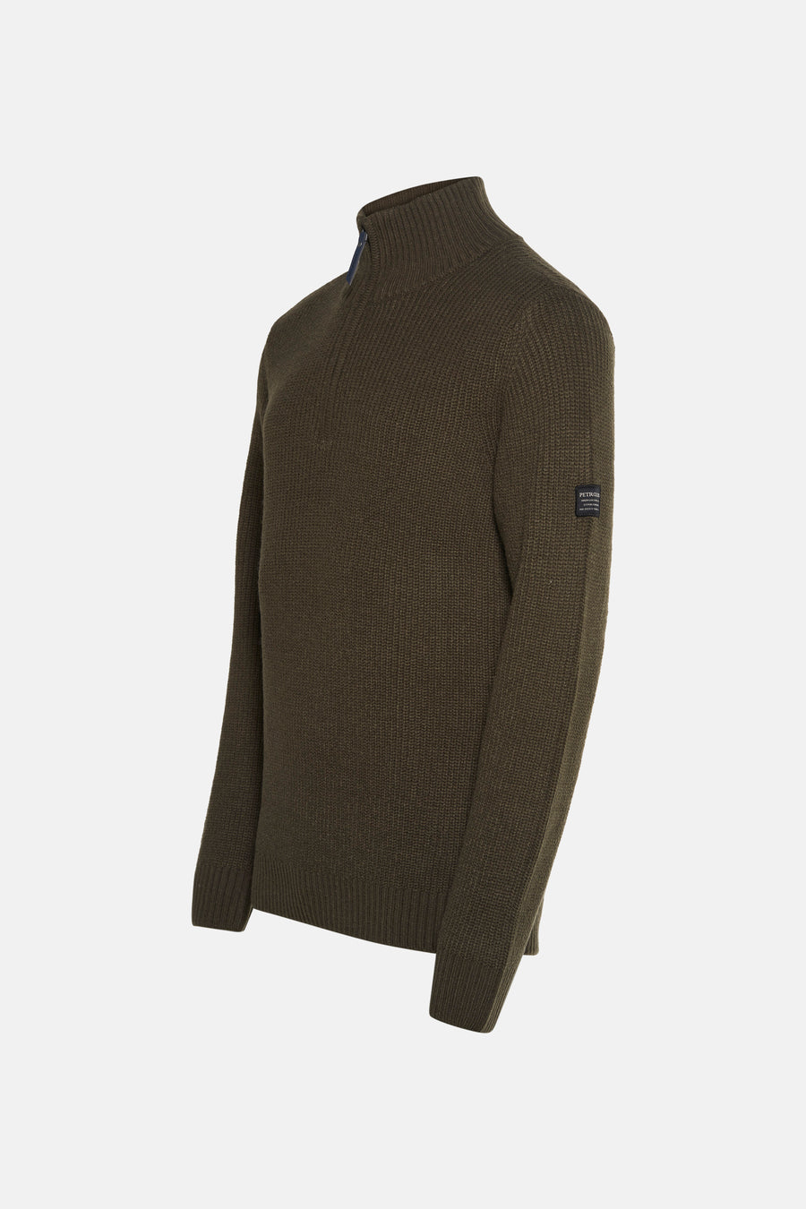 Pull ras du cou vert par Petrol Industries, en maille côtelée avec fermeture zippée au col.
