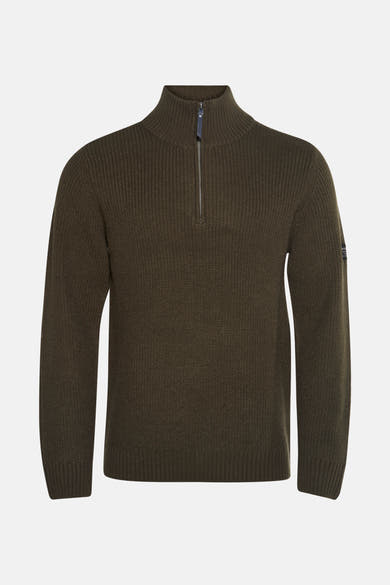 Pull vert à col montant par Petrol Industries®, en tricot côtelé avec fermeture éclair partielle.