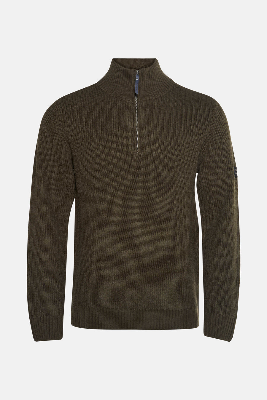 Pull vert à col montant par Petrol Industries®, en tricot côtelé avec fermeture éclair partielle.