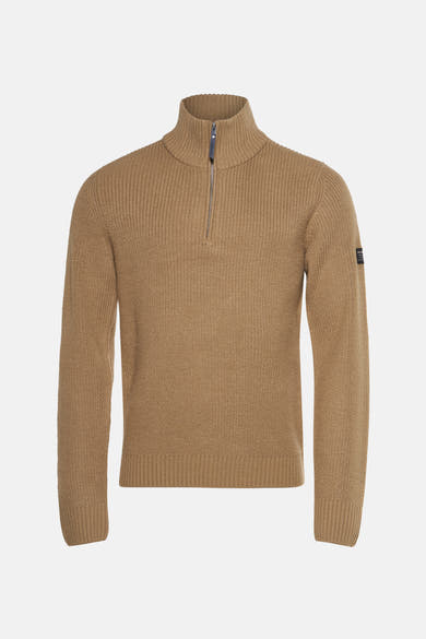 Pull à col roulé marron clair de Petrol Industries, avec fermeture éclair partielle et texture tricotée.