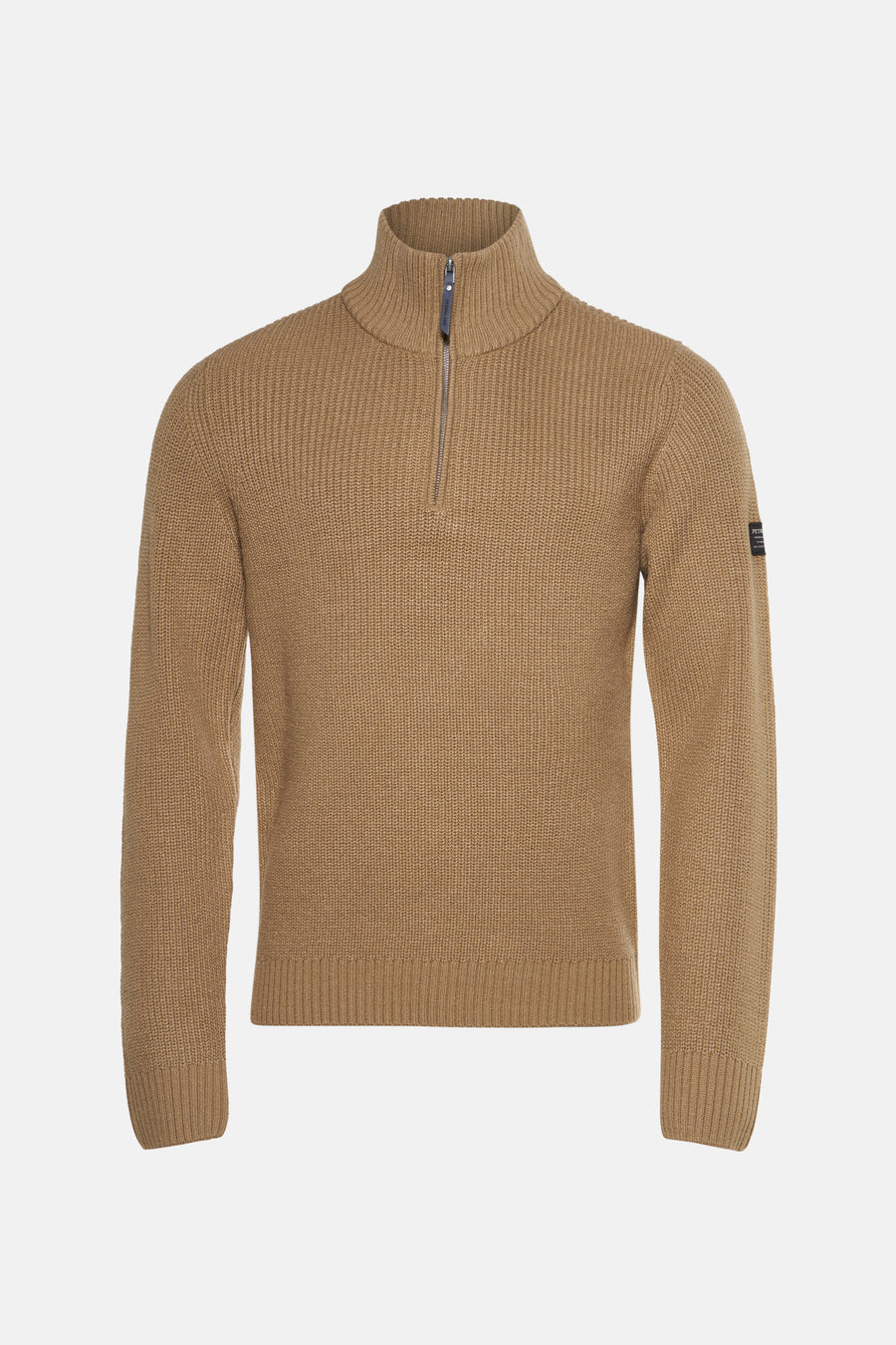 Pull à col roulé marron clair de Petrol Industries, avec fermeture éclair partielle et texture tricotée.