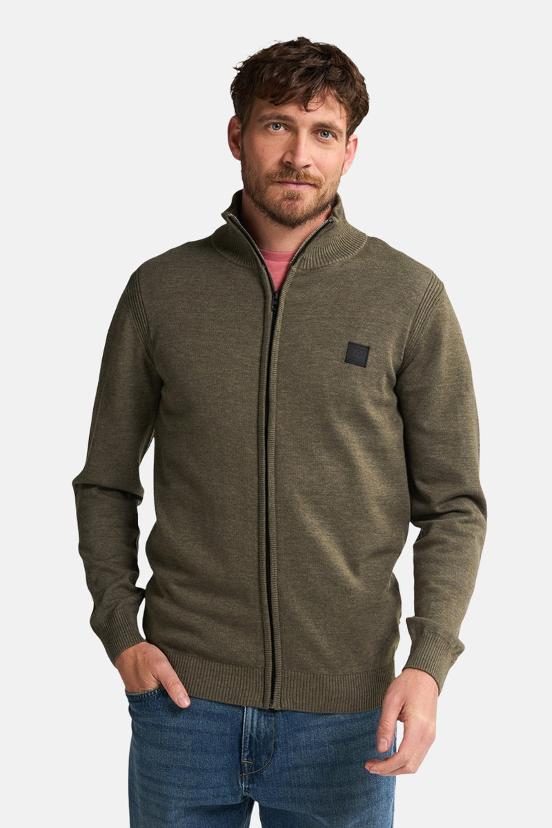 Olijfgroen vest met rits van Petrol Industries met gebreide textuur en discreet zwart logo.