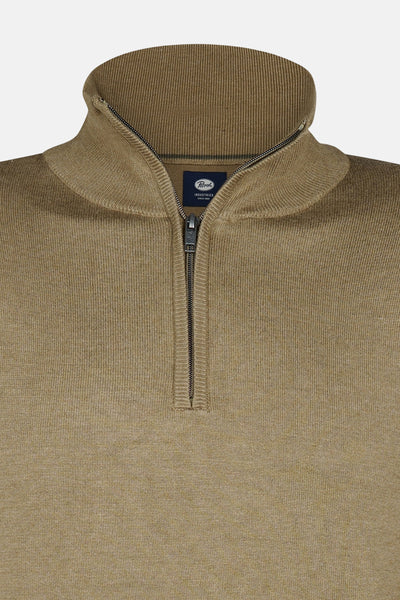 Pull à col rond beige de Petrol Industries, avec fermeture éclair courte et texture côtelée.