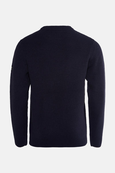 Pull à col rond bleu de Petrol Industries, en maille côtelée texturée, vue arrière.
