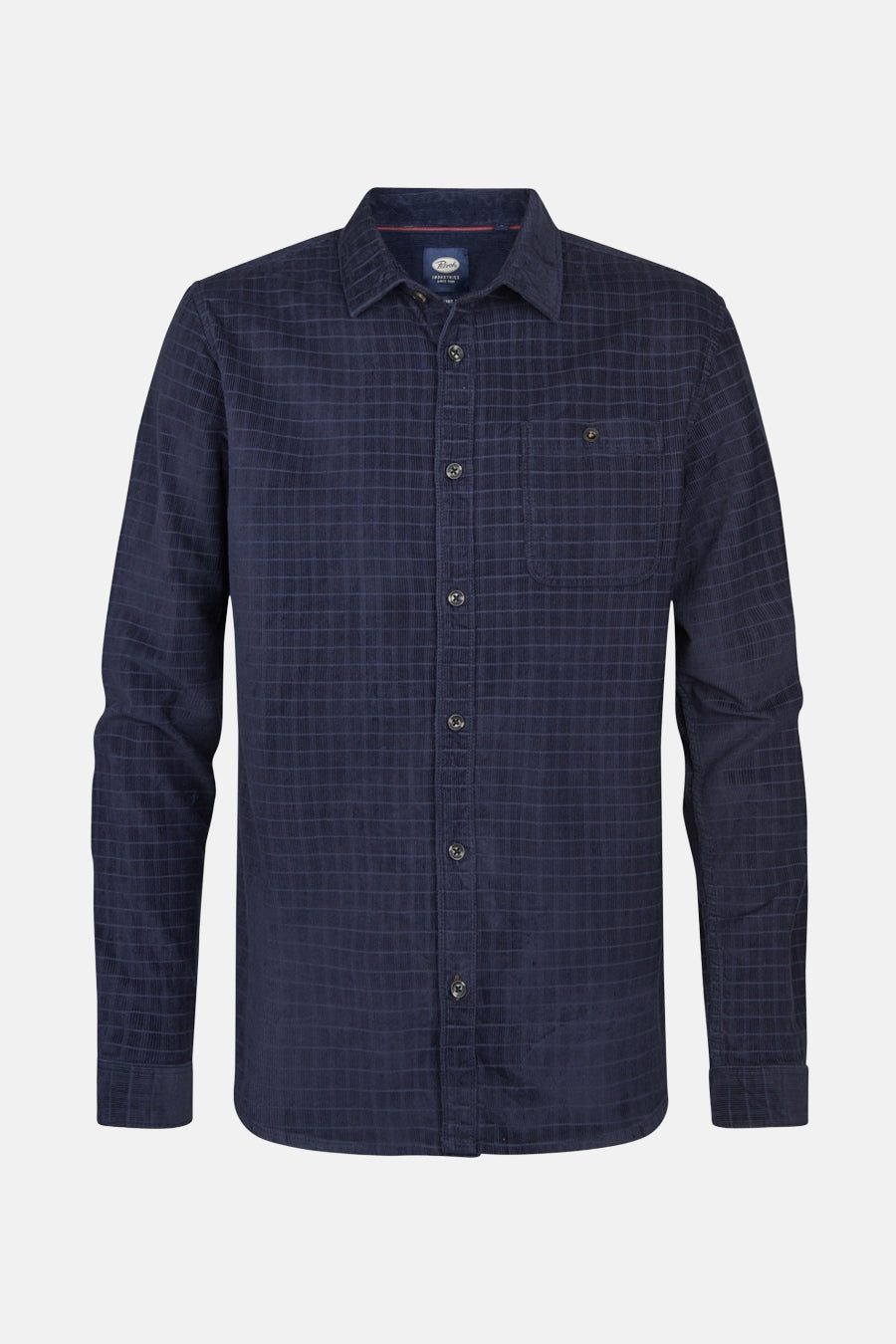Blauwe blouse met lange mouwen van Petrol Industries, geruit patroon en ribstructuur.