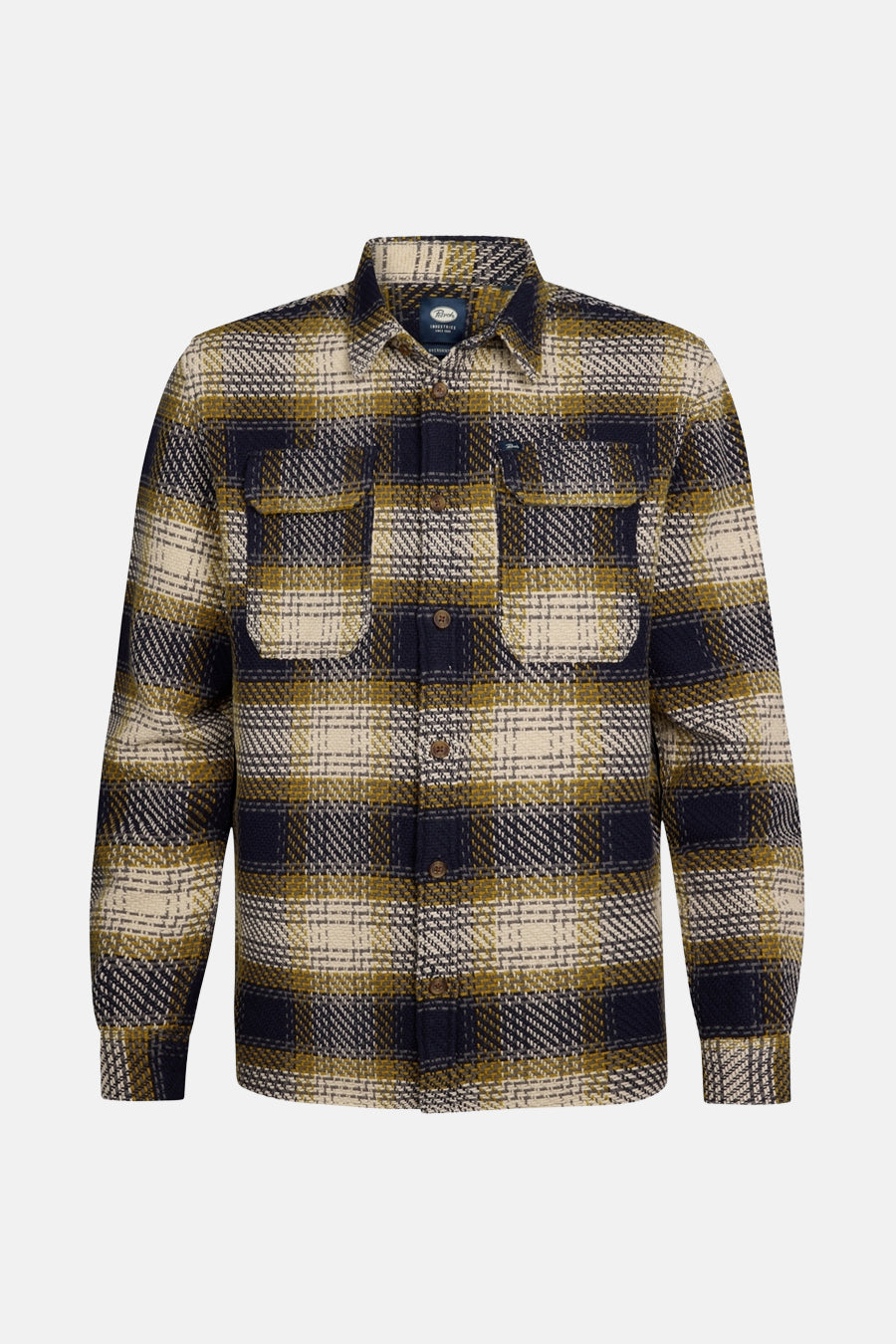 Blauw-beige geruite blouse met lange mouwen van Petrol Industries, met opgestikte borstzakken.