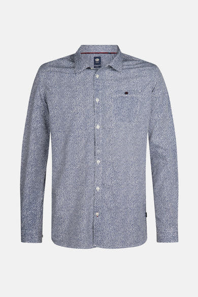 Blauwe blouse met lange mouwen van Petrol Industries, met een subtiel wit stippenpatroon.