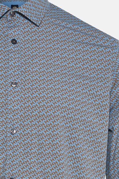 Blauwe blouse met lange mouwen van Petrol Industries® met bruin geometrisch patroon.