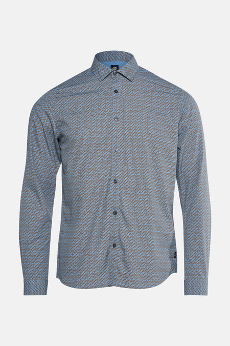 Blauwe blouse met lange mouwen en geometrisch patroon van Petrol Industries®, met zwarte knopen.