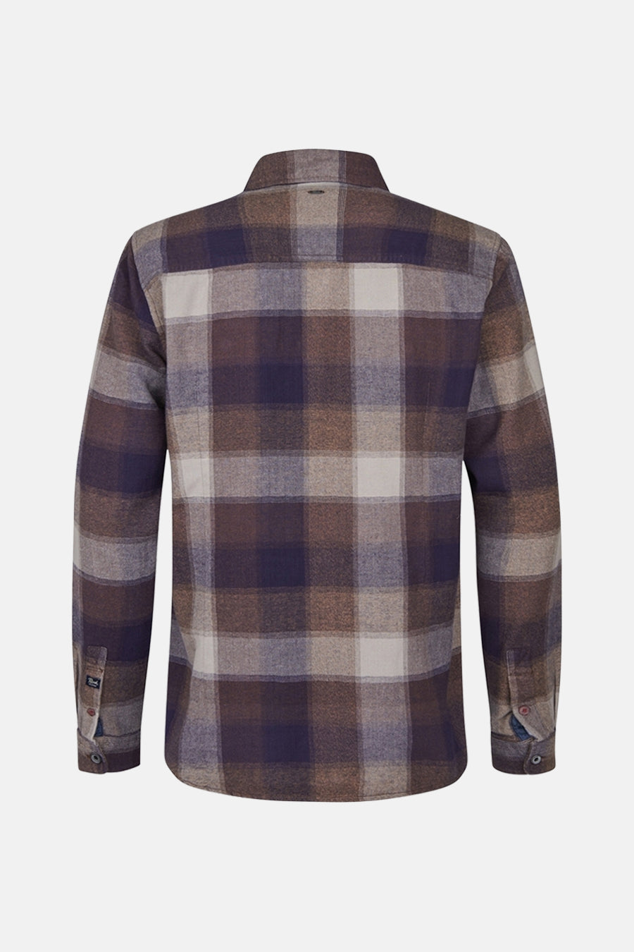 Multikleuren overhemd met lange mouwen van Petrol Industries, bruin, beige en marineblauw geruit, van achteren gezien.