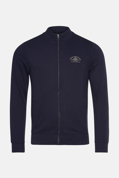 Gilet bleu marine de Petrol Industries avec fermeture éclair intégrale et logo imprimé sur la poitrine.