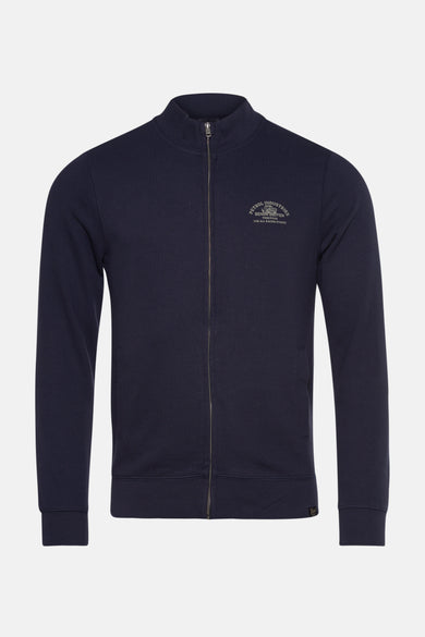 Marineblauwe bodywarmer van Petrol Industries, achterzijde, met opstaande kraag en lange mouwen.