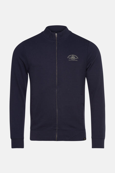 Gilet bleu marine de Petrol Industries avec fermeture éclair intégrale et logo imprimé sur la poitrine.