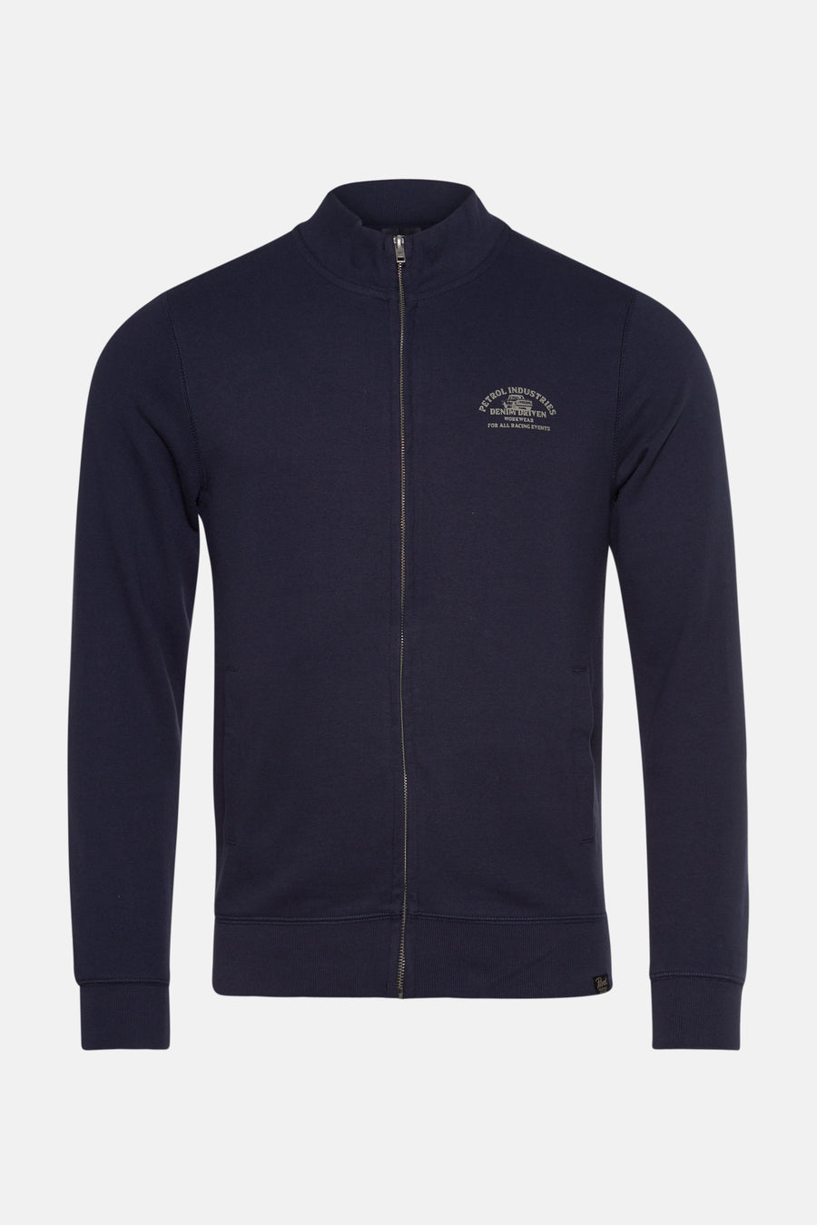 Gilet bleu marine de Petrol Industries avec fermeture éclair intégrale et logo imprimé sur la poitrine.