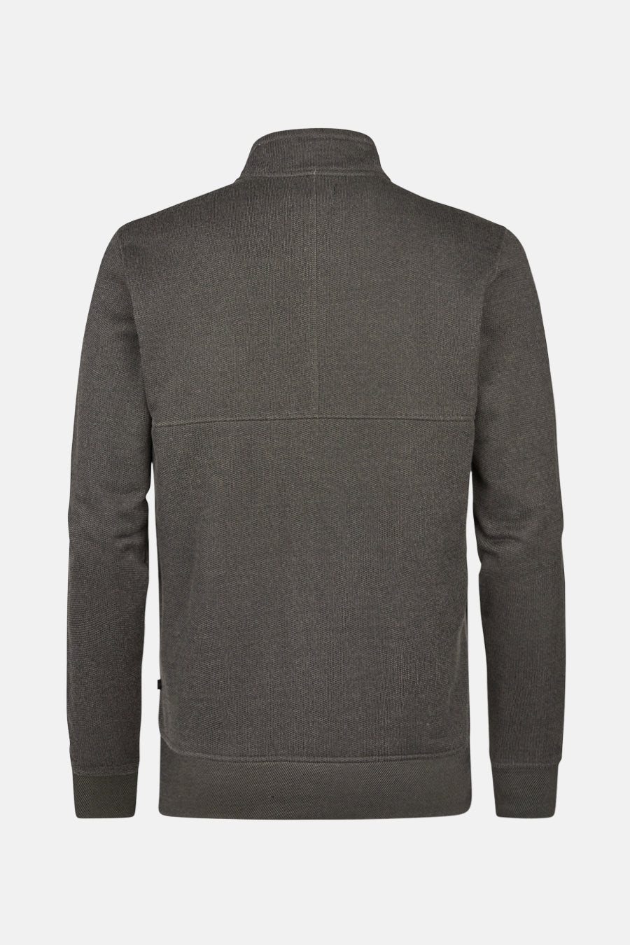 Kaki gilet van Petrol Industries, achterkant met gebreide textuur en opstaande kraag.