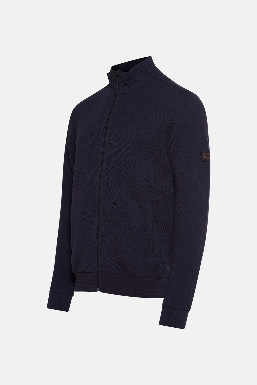 Petrol Industries marineblauwe bodywarmer met geribbelde textuur en volledige ritssluiting.