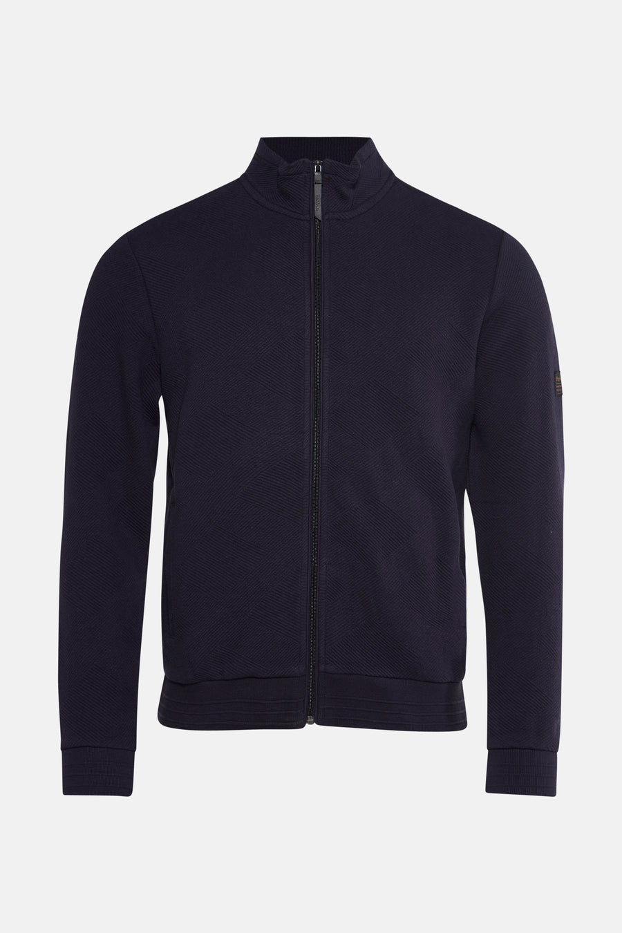 Blauwe bodywarmer van Petrol Industries, met ritssluiting middenvoor en subtiele patroontextuur.