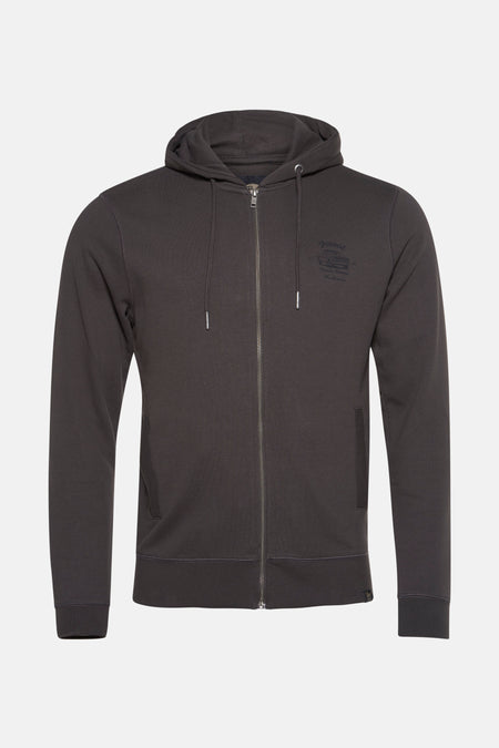 Grijze bodywarmer van Petrol Industries® met capuchon met trekkoord en ritssluiting middenvoor.